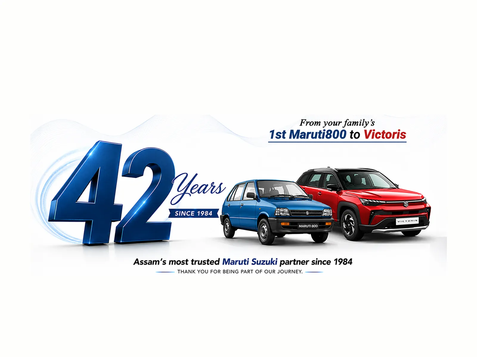 42 Years, Since 1984 — from your family's 1st Maruti 800 to Victoris. Assam's most trusted Maruti Suzuki partner, with over 1.5 lakh cars sold and a 4.8-star Google rating.